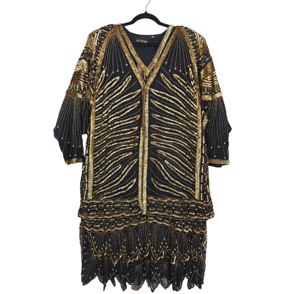 NWT New Trends 100% Silk Beaded Sequin 2 Piece Dress & Jacket Set Gold Black 2X